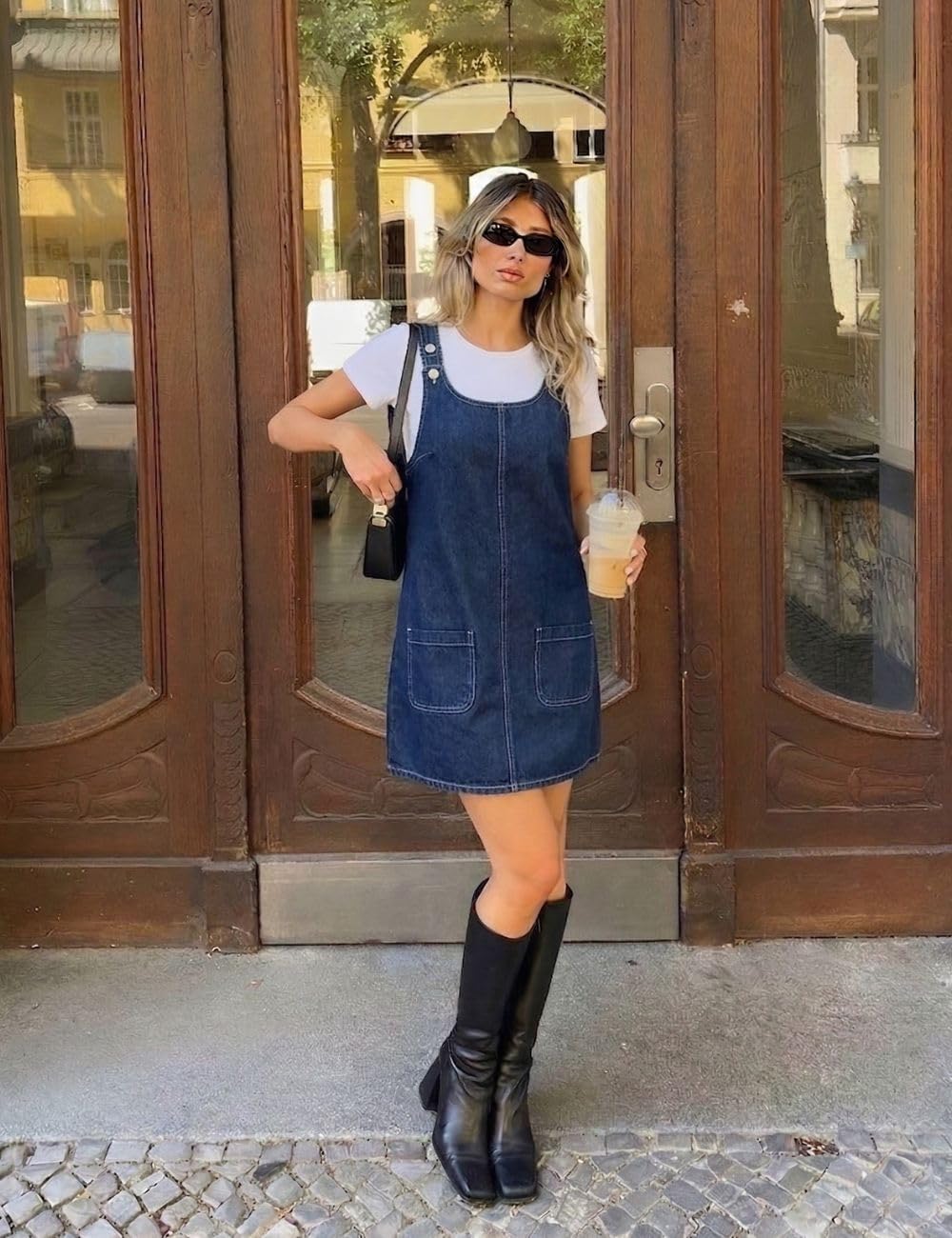 Xaspee Denim Overall Dress for Women Casual Mini Sleeveless Jean Vintage Jumper Skirt Dress with Pockets