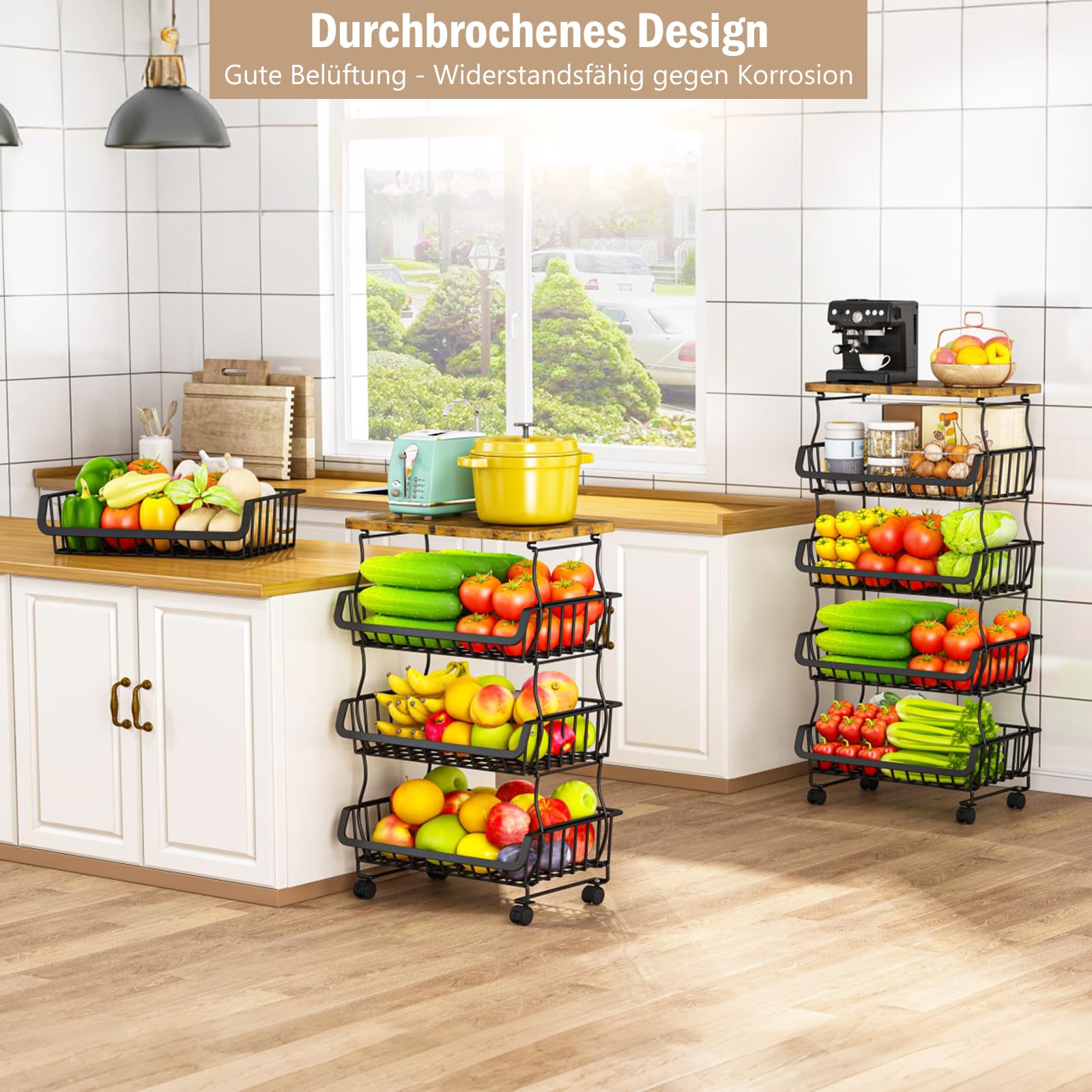 5-Tier Küchenwagen mit Rollen, Gemüseregal mit Holzplatte, Aufbewahrungskorb mit Rädern, vielseitiger Küchen-Organizer für Obst, Gemüse, Snacks und mehr für Küche, Vorratsraum, Büro