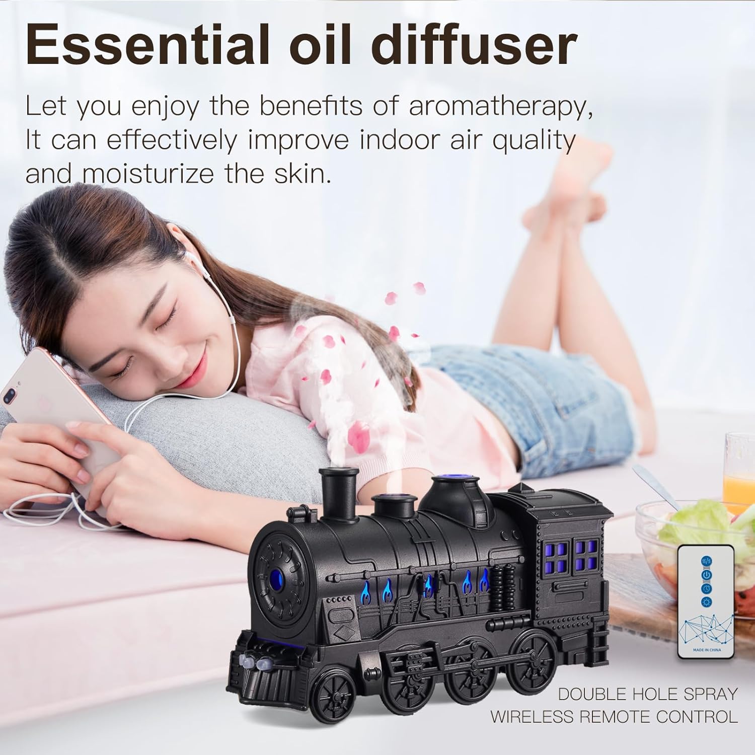 Essential Oil Diffuser Train Diffuser 300ml, Train Humidifier, Aromatherapy Diffuser Cool Mist Aromatherapy with 2 Light 2 Mist Mode Auto Shut-Off, Remote Included for Office Baby Home (Black)