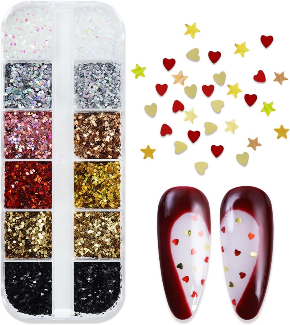 Valentine's Day Laser Heart Nail Art Glitters Heart Star Nail Sequins Set of 12 Grids, Valentine's Romantic Love Nail Decor Accessories 3D Love Nail Decals Holographic Glitters for Women Manicure