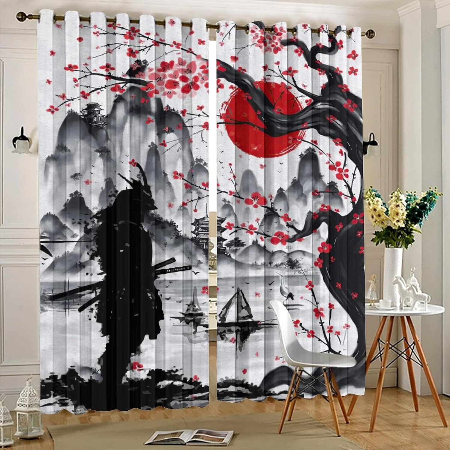 Retro Japanese Ultra Soft Premier Blackout Curtains,Watercolor Ink Samurai Red Sun Mountain Cherry BlossomsThermal Insulated Bedroom Noise Reducing Patio Door Grommet Top,2 Panels 84L x 42W