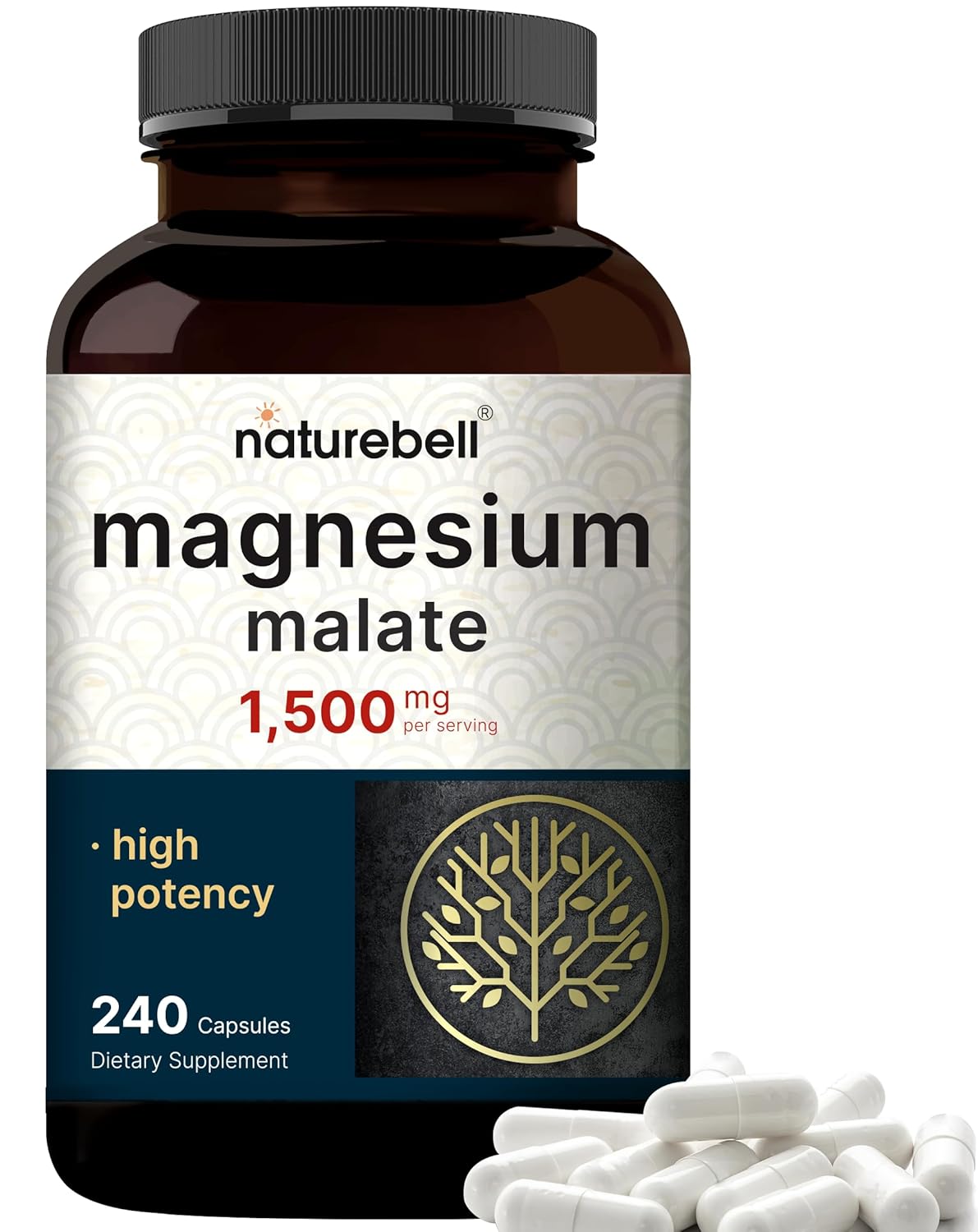 NatureBell Malato de Magnésio 1.500mg, 240 Cápsulas | Alta Absorção e Suporte ao Sistema Nervoso | Suplemento Não-OGM e Sem Glúten