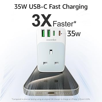 TOOMKE Multi Plug Socket with PD 35W USB C Fast Charge, Multi Plug Adapter Multi USB Extension Wall Charger Socket with 2 USB A and 2 USB C, Extension Plug Socket Adapter UK for Home, Office, School