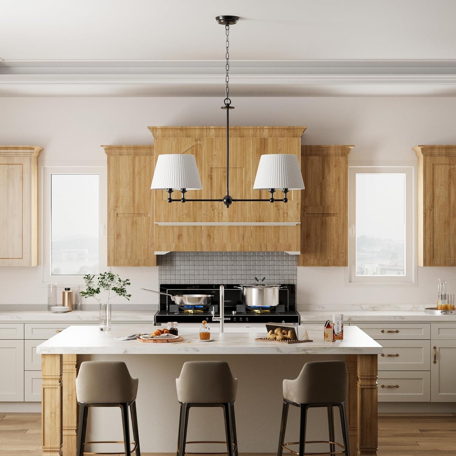 Maxax 4-Light Modern Linear Chandeliers for Dining Room, Kitchen Island Lighting Fixture with White Shade, 35.8" Kitchen Pendant Light for Dining Room, Restaurant, Living Room, Bedroom