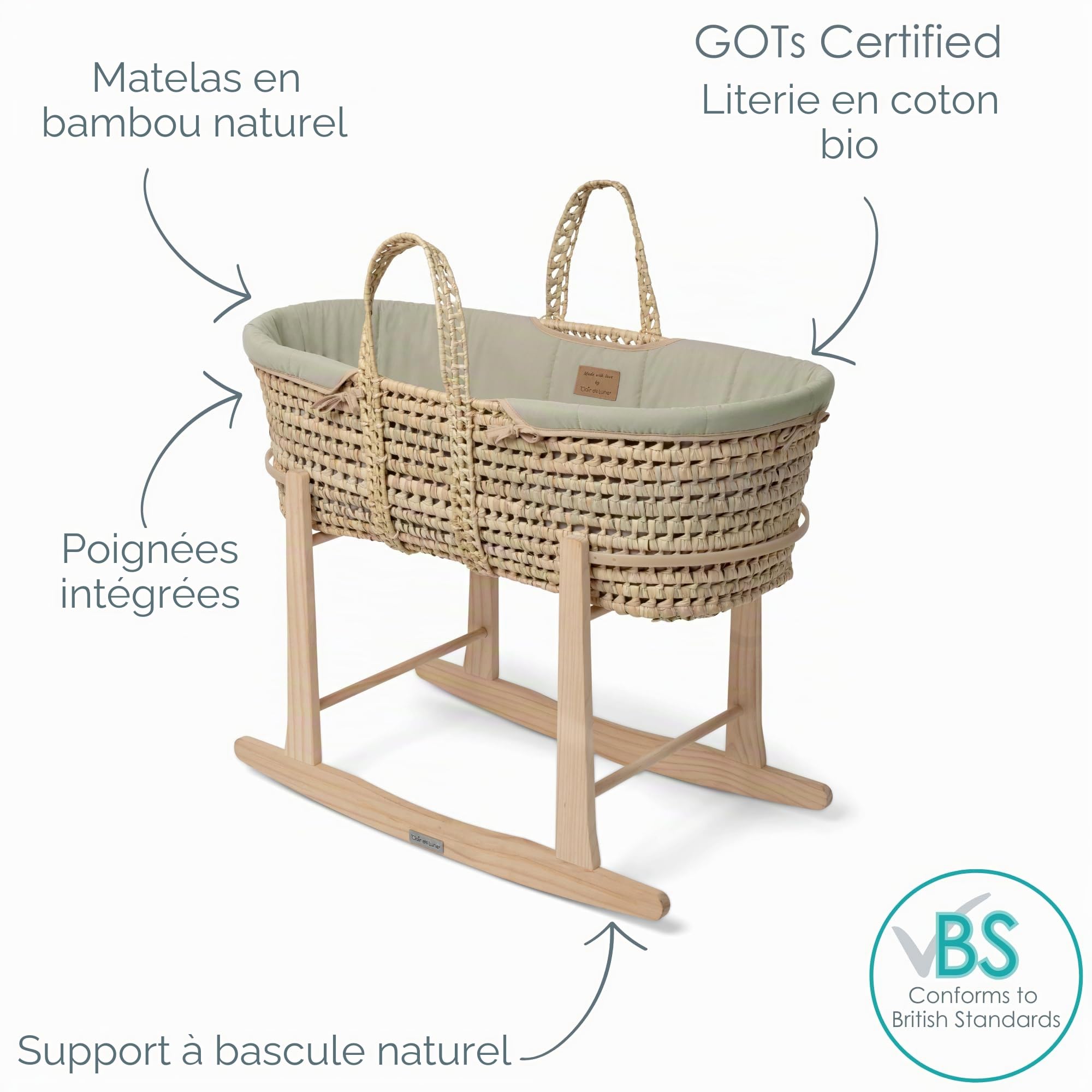 Clair de Lune Couffin en Palmier Bio avec Support à Bascule Naturel, couffin pour bébé primé 75 x 28 cm (Vert Sauge)