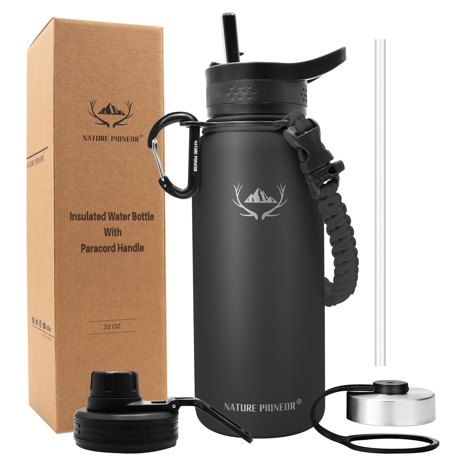 NATURE PIONEOR Isolierflasche 1,2 L – Edelstahl, 3 Deckel, Paracord-Griff & 24h Heiß / 48h Kalt