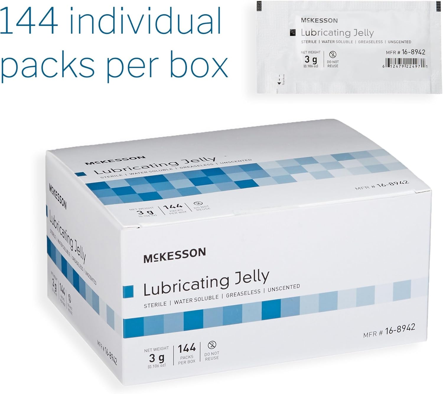 McKesson Lubricating Jelly, 3 g [144 Count] Water Based Non-Sticky Lube, Water Soluble Lubricant Gel - for Surgical, Medical, Personal – Sterile Individual Packets