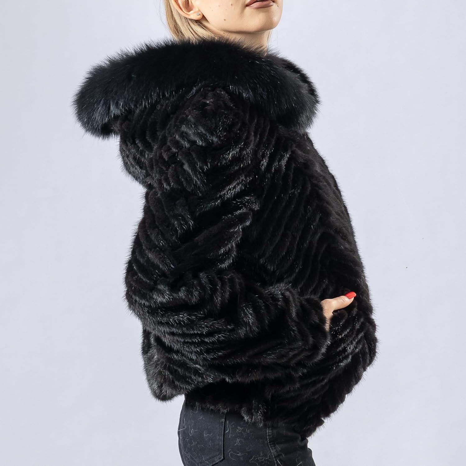 LVCOMEFF Women Real Mink Fur Knitted Coat with Fox Fur Trim Hood Jacket Natural Classic Knitting