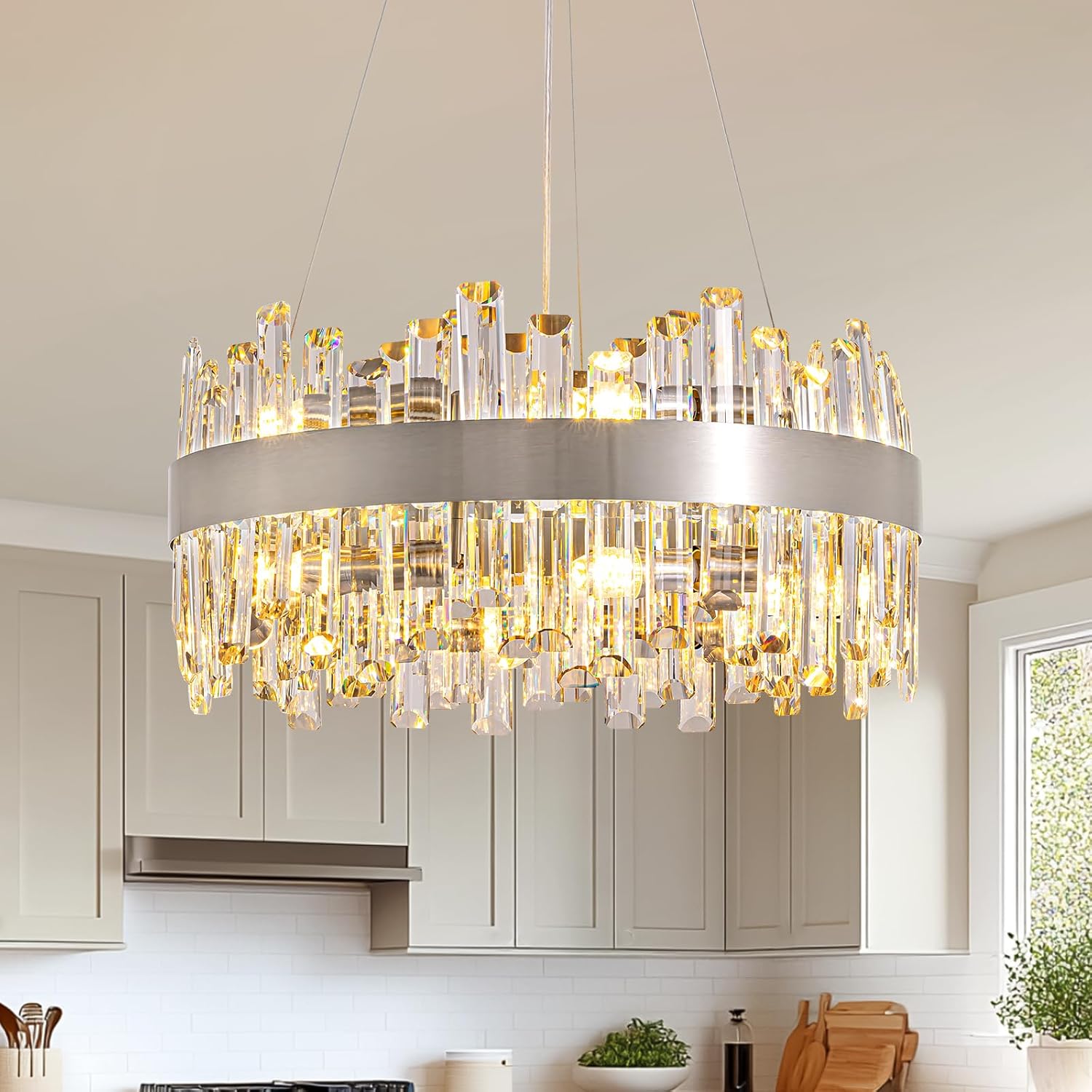 Siljoy Modern Crystal Chandelier 12 Lights Brushed Nickel 2-Tier Raindrop Chandelier Adjustable Height Luxury Pendant Ceiling Light Fixture for Dining Living Room Kitchen Island Entry D19.7''
