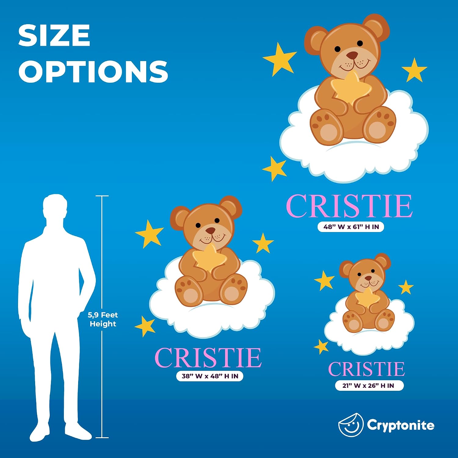 Custom Name Baby Teddy Bear in The Cloud with Stars - Baby Boy/Girl - Wall Decal Nursery for Home Bedroom Children (38" Wide x 48" Height)