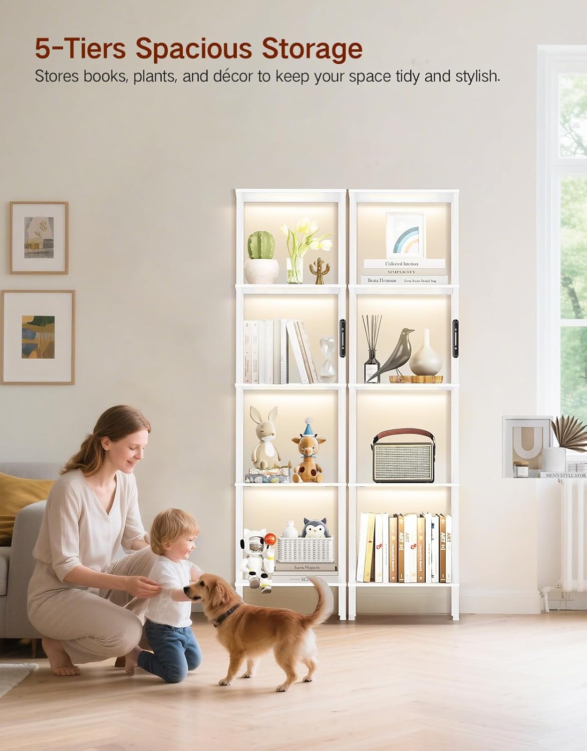 5 Tier Tall Display Shelves with LED Lights, Touch & Remote Control, Dimmable Display Cabinet, Open Bookshelf with 3 Color Temperature, Timer for Living Room, Bedroom, Home Decor(White)