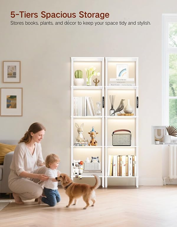 OUTONLIFE 5 Tier Tall Display Shelves with LED Lights, Touch & Remote Control, Dimmable Display Cabinet, Open Bookshelf with 3 Color Temperature, Timer for Living Room, Bedroom, Home Decor(White) by OUTONLIFE - Used condition - Image 2
