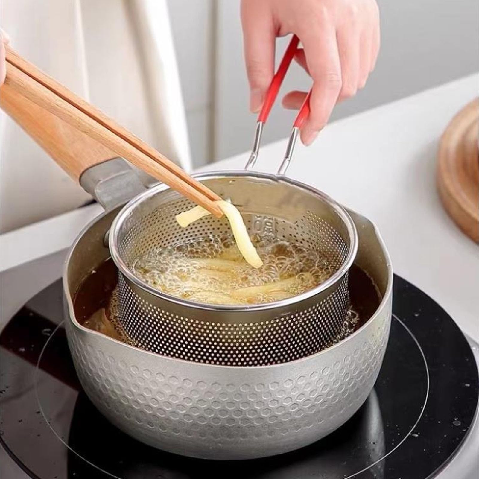 Stainless Steel Deep Fryer Basket, Ergonomic Handle (Duży 19,8 cm)