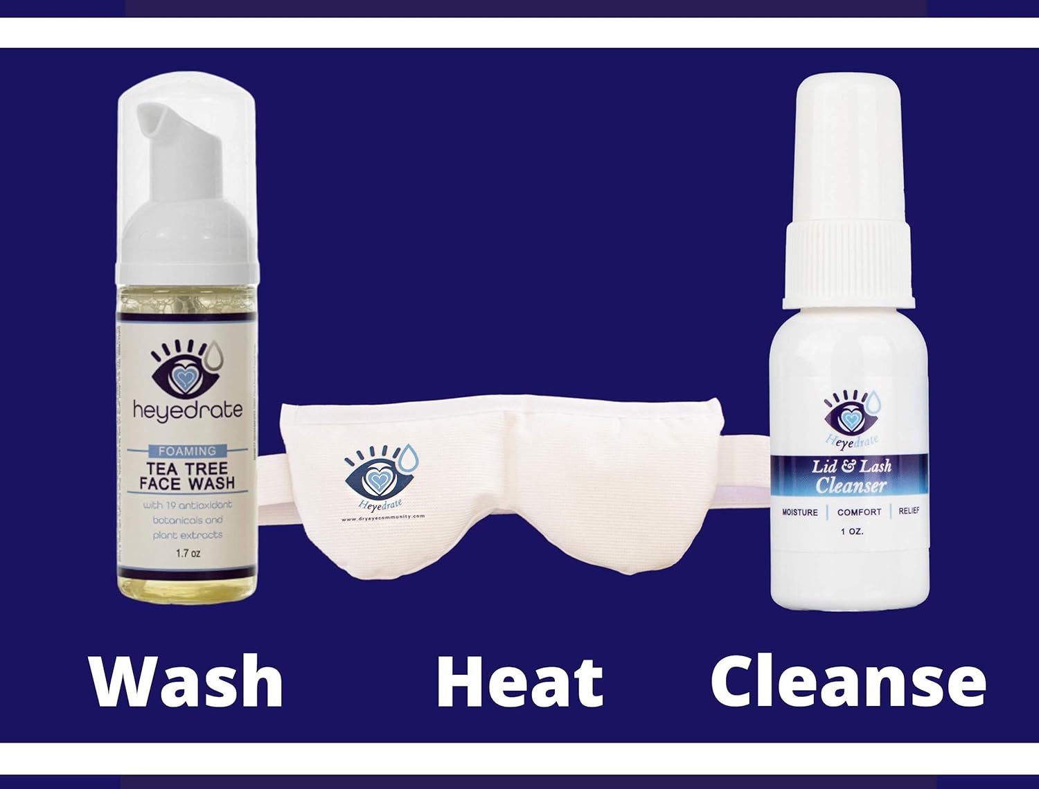 Eyelid Irritation Relief Kit Featuring Heyedrate Lid and Lash Cleanser, Heyedrate Face Wash, and Heyedrate Warm Compress