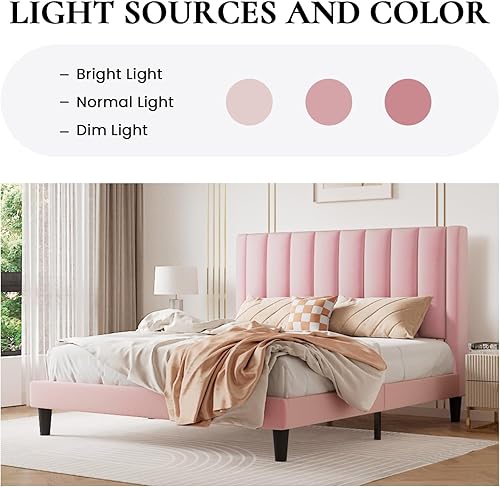 Miniatura 99 de SHA CERLIN Marco de cama matrimonial/plataforma tapizada de terciopelo con cabecero, soporte de listones de madera resistente, base de colchón, no
