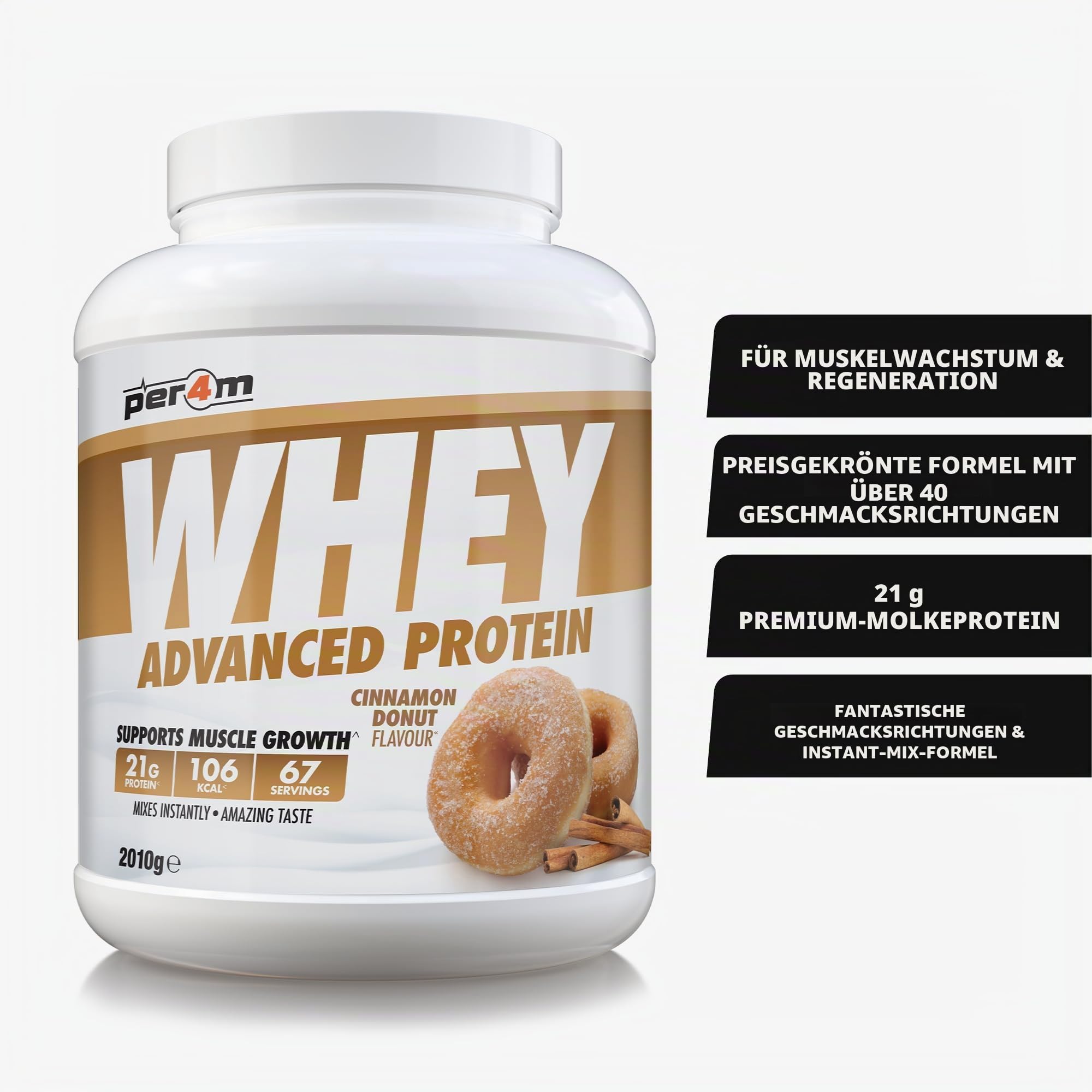 Per4m Whey Protein, Molkenprotein mit vollem Aminosäureprofil, unterstützt Muskelaufbau & Regeneration, reich an essentiellen Aminosäuren, für Sportler täglich nach dem Training – Zimtdonut – 2.01kg