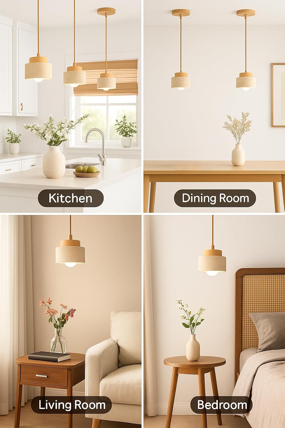 Wabi Sabi Natural Stone and Wood Pendant Light,4.7Inch Small Hanging Pendant Lamp,Modern Vintage Rustic Minimalist Fixture for Bedroom, Dining Room, Kitchen Island, Cafe, Hallway (Wood Color, PCS, 2)