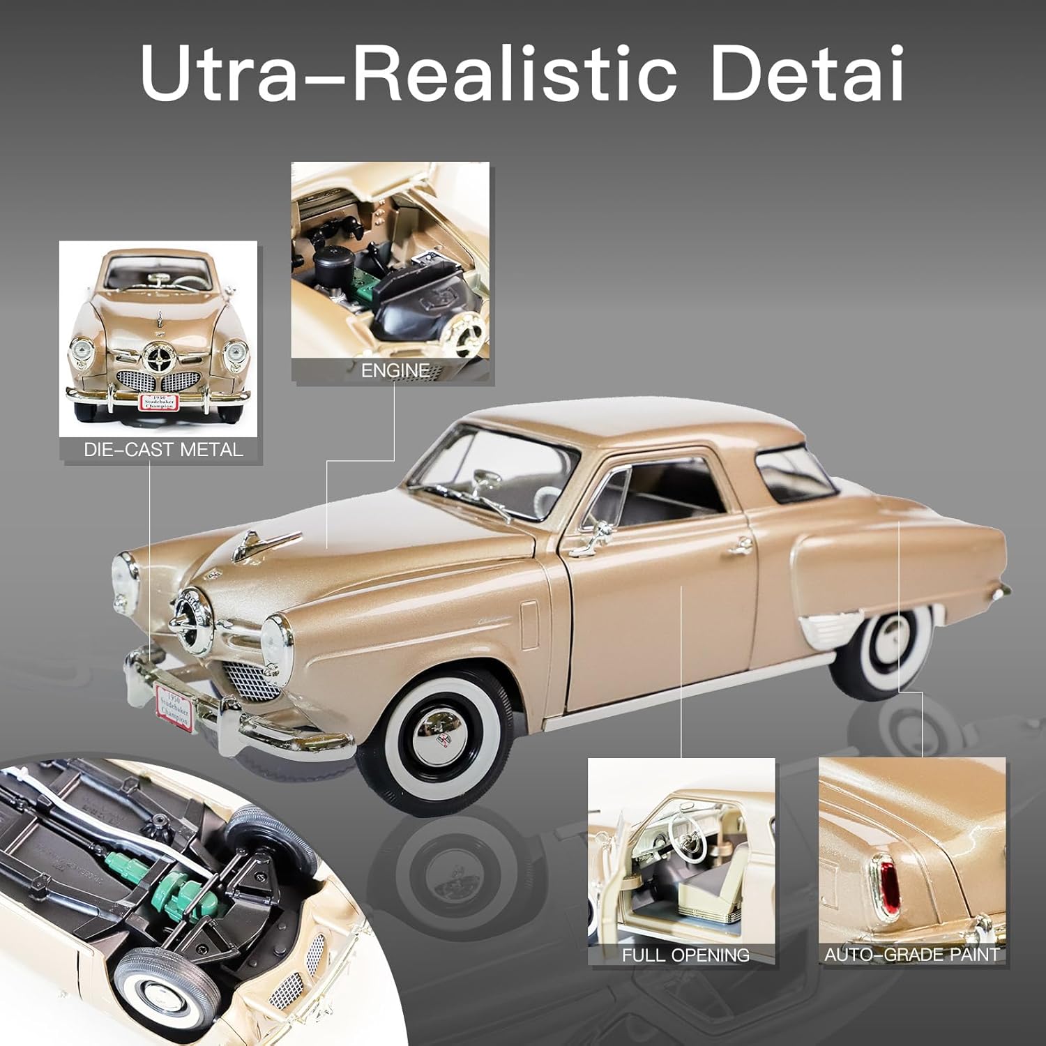1950 Studebaker Champion Starlight Coupe 1:18 Diecast - Bullet Nose & Hill Holder | Opening Doors, Steering Linkage, Premium Gift Box | Ages 14+,Gold