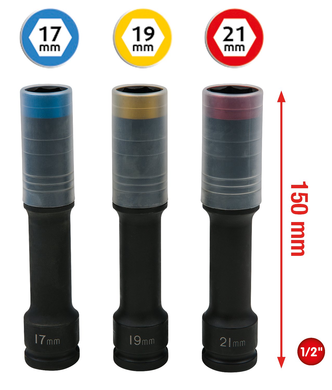 KS Tools 515.0622 Serie di bussole per avvitatori ad impulsi per cerchi in lega, Slim POWER, extra lunghe, 3 pz, 1/2", 17, 19, 21mm