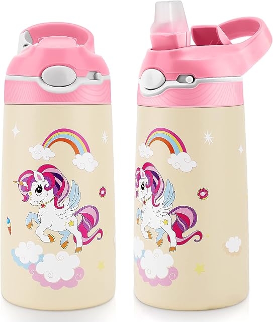 JYPS 400ml Kids Water Bottles with Straw for Girls, Unicorn Stainless Steel Water Bottle for School, Vacuum Insulated, BPA-Free, Leak-proof, Double-Walled, Metal Drink Bottle (Rainbow)
