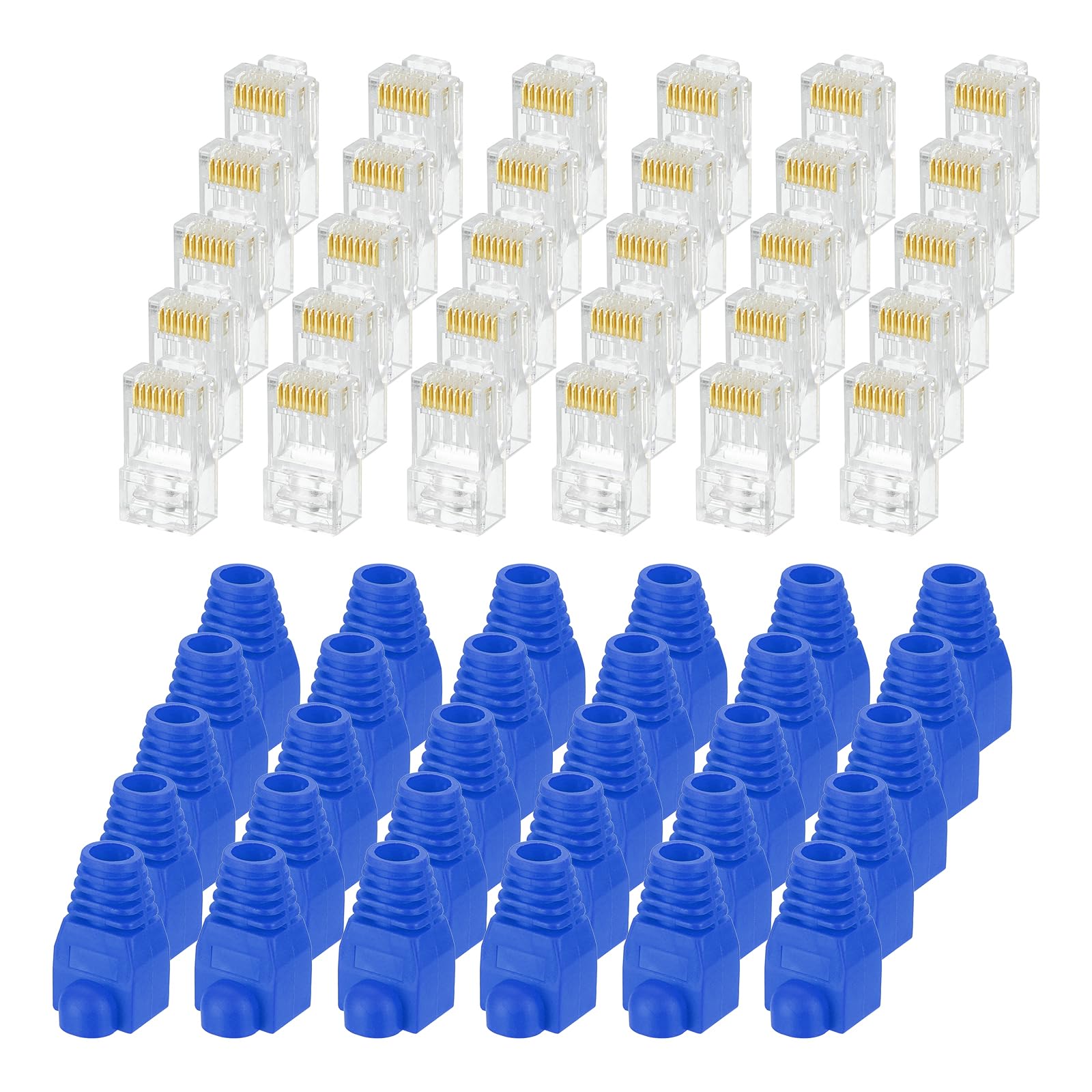MECCANIXITY 100 connettori RJ45 Cat6, connettori RJ45, 8P8C, placcati in oro, con 100 connettori blu per cavi Ethernet UTP solidi o intrecciati, 1,1 mm