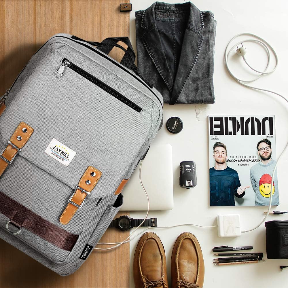 TOP оƒƒERS College Vintage Backpack Fashion 15.6 Laptop Rucksack with USB Charging (Gray)