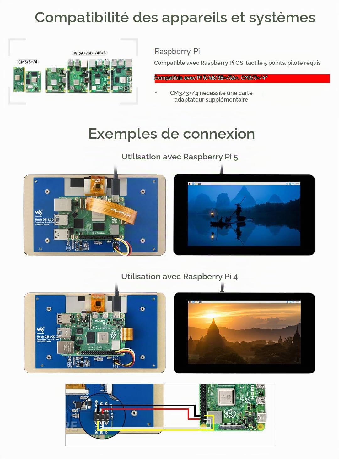Waveshare 7inch Capacitive Touch IPS Display Compatible with Raspberry Pi 5 Pi 4B Pi 3B+/3A+/CM3+/CM3, 1024 x 600 Screen, DSI Interface, Supports Up to 5-Point Touch LCD