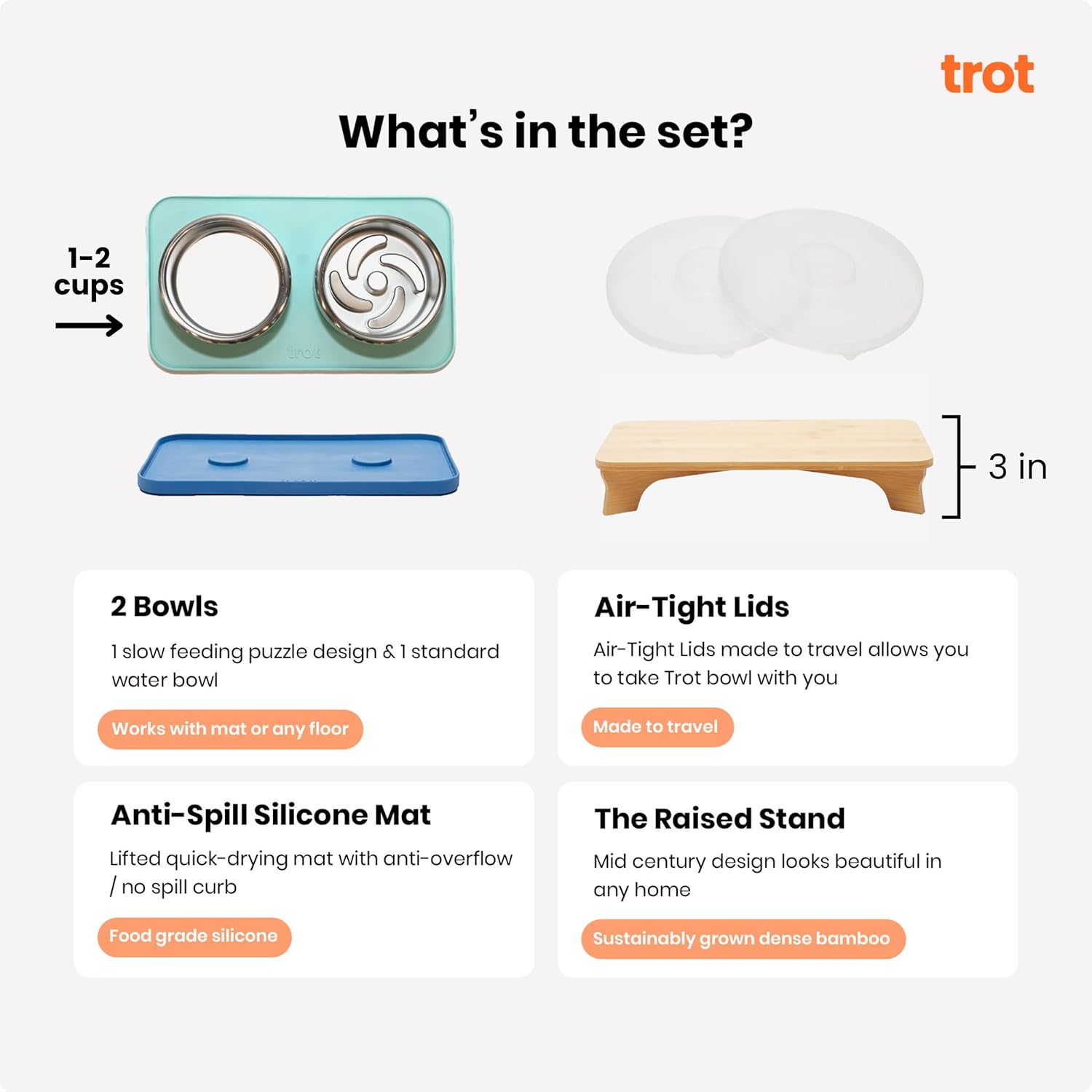 Trot Pets Elevated Dog Bowls | Stainless Steel Raised Bowl Set for Small, Medium, or Large Dogs | Non-Slip Food and Water Slow Feeder | Durable, BPA-Free, Anti-Skid, Dishwasher Safe (Sky, Small) - Image 2