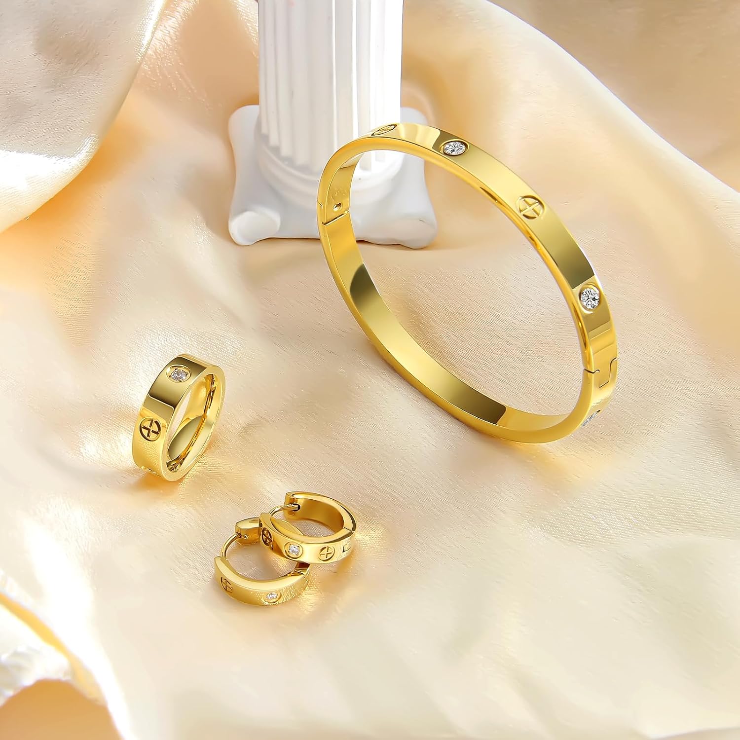 3 Pcs Hoop Earrings Bracelets Ring Sets for Women-18K Gold Plated Love Bracelet Cubic Zirconia Cuff Bangle Hoop Earrings Friendship Love Ring Jewelry Set,Wedding Party Christmas Valentine's Day Birthday Gifts for Her Girlfriend Sister Daughter - Image 6