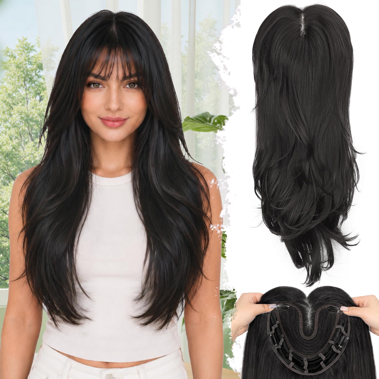 Photo 1 of ALXNAN Hair Toppers For Women with Thinning 3D 360°Cover,26Inch Black Brown Long Straight Layered Clip In Synthetic hair topper with Bangs