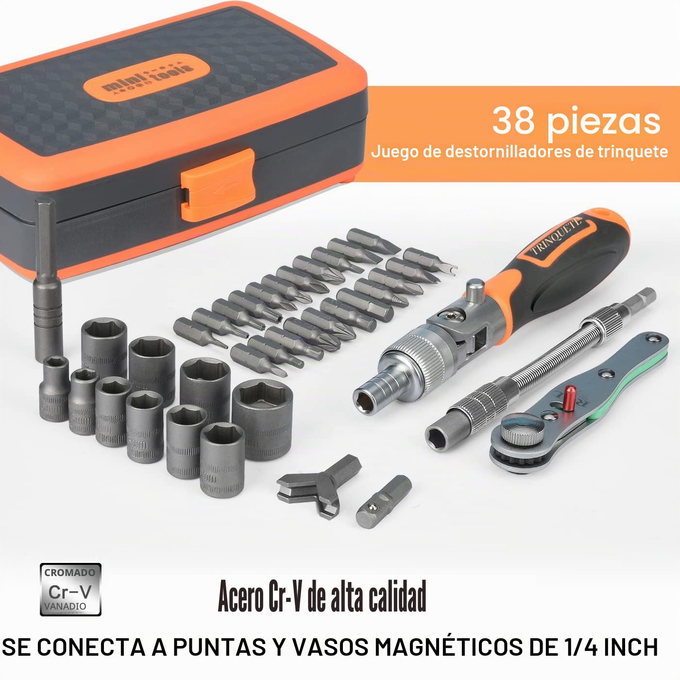 Juego de herramientas de trinquete de 38 piezas, 1/4 pulgadas, carraca intercambiable, juego de llaves de carraca, caja de carraca pequeña, juego de puntas y destornilladores