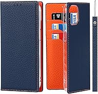 Vista 78 de iCoverCase Funda tipo cartera compatible con iPhone 13 Pro Max con ranuras para tarjetas, funda magnética de piel auténtica con bloqueo RFID, Naranja