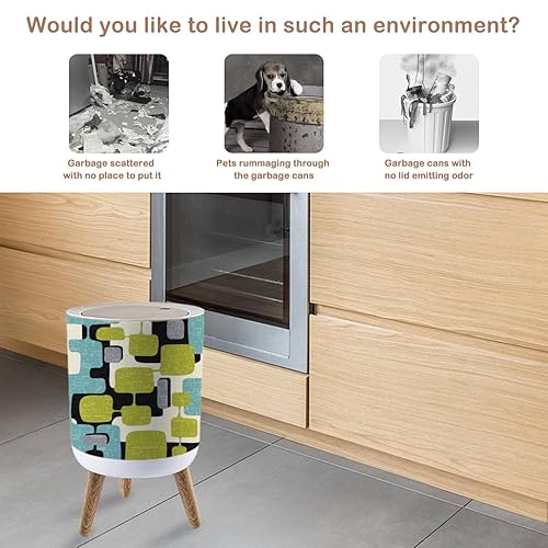 Miniatura 3 de Bote de basura pequeño con tapa, sin costuras, abstracto, de mediados de siglo, moderno, 7 litros, redondo, elástico, tapa de prensa, papelera para