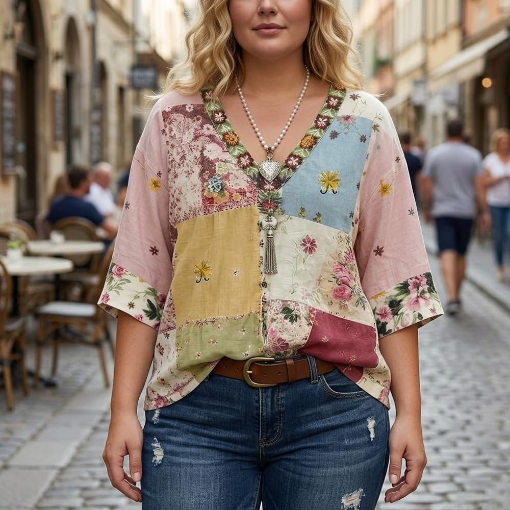 Women's Patchwork Floral Embroidered V-Neck Short Sleeve Casual Cotton Top