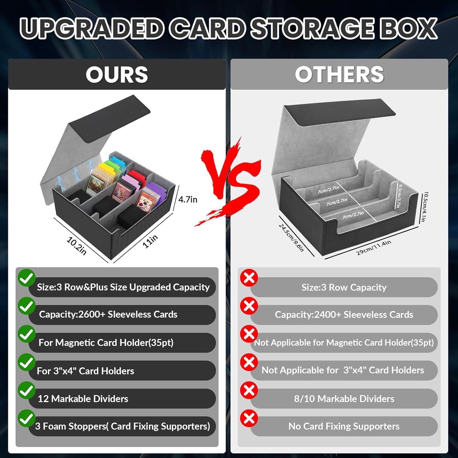 Card Storage Box for Trading Cards, 2600+ Commander Deck Box, Storage Box Fits Toploader and One-Touch, Card Organizer for TCG, MTG, Sports Cards, with Card Dividers & Stoppers