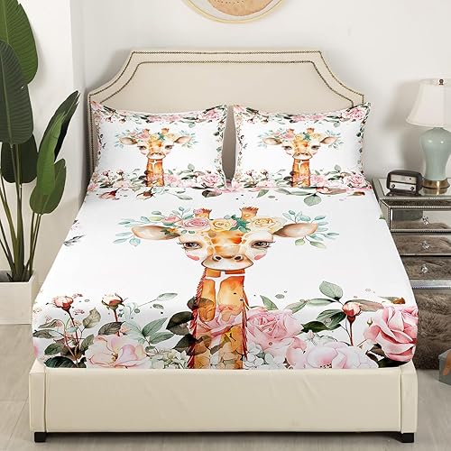 Miniatura 3 de Erosebridal Juego de sábanas con diseño de jirafa, diseño de rosa rosa, tamaño Queen, para niñas, niños, sábana encimera de animales de dibujos