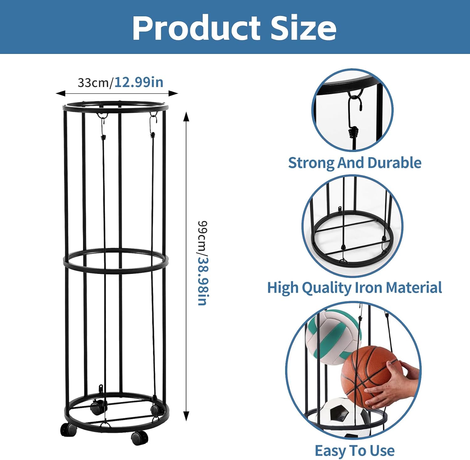 Black Ball Storage Rack with Wheels, Rolling Sports Equipment Organizer for Basketball Soccer Volleyball Football, Heavy Duty Holder for Garage Home Gym (Not for Small Balls)