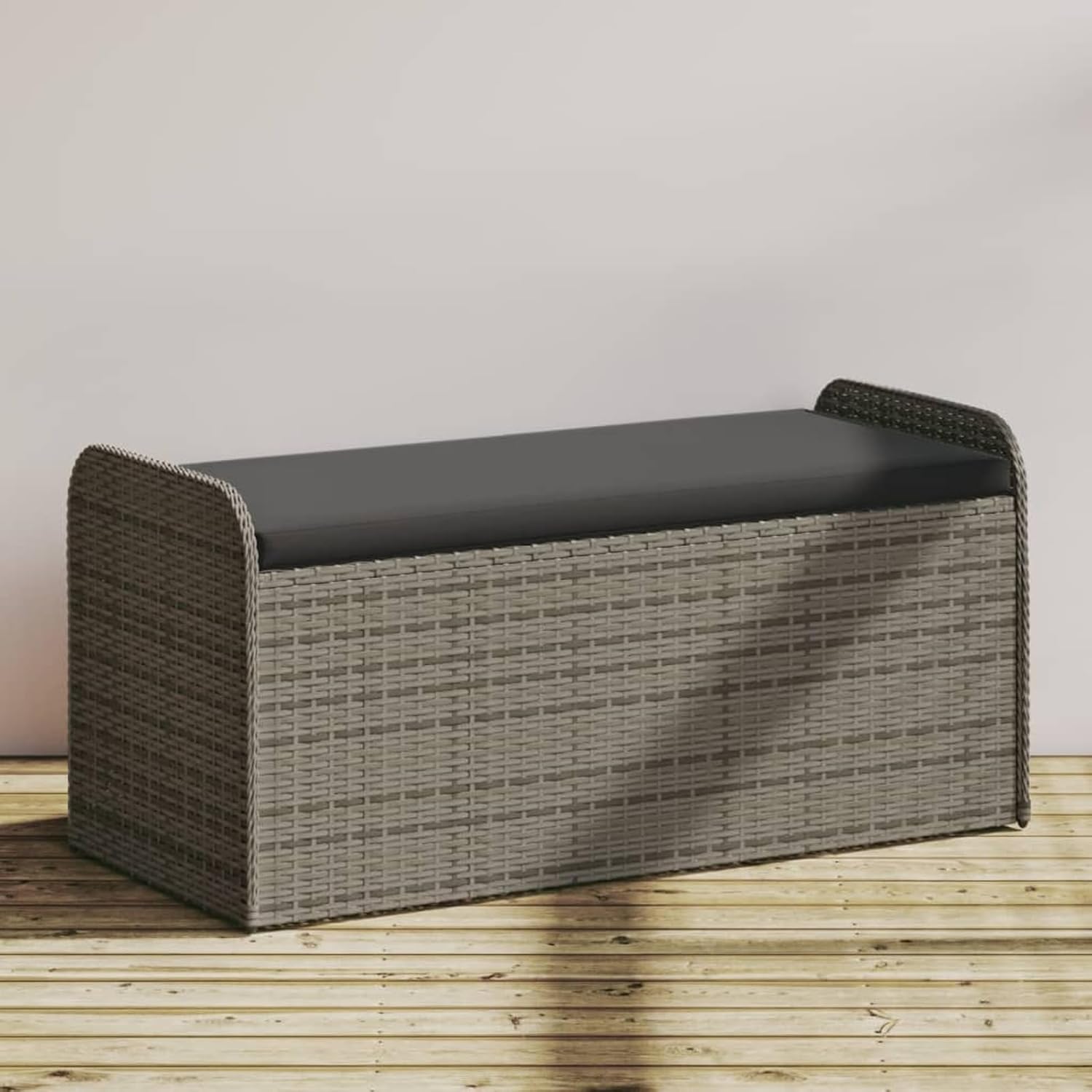 Gecheer Outdoor Storage Bench, Grey PE Rattan with Powder-Coated Steel Frame, Hidden Compartment for Cushions and Garden Items, Weather-Resistant, for Patio or Garden