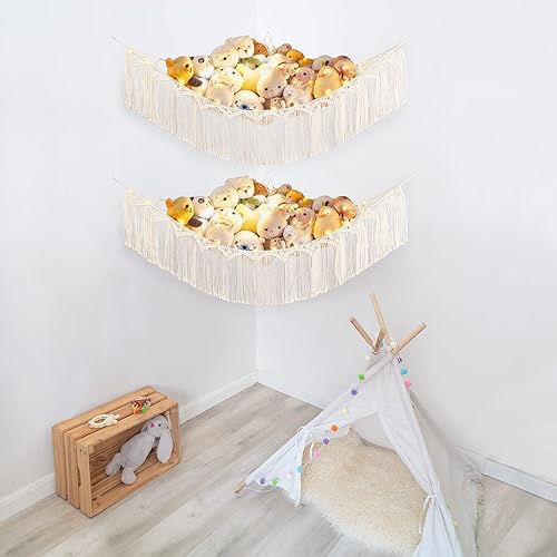 Miniatura 3 de Mkono Hamaca de animales de peluche, organizador de almacenamiento de juguetes de macramé con borlas, estilo bohemio, para colgar, red de animales,