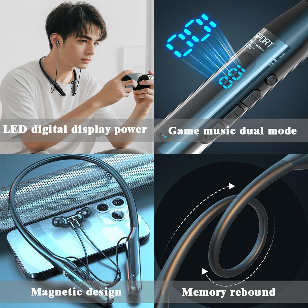 Sports Bluetooth Headset 80H of Ultra-Long Battery Life Neckband Headphones ENC Physical Noise Reduction LED Power Display Bluetooth 5.3 HiFi Stereo Business Call Headset