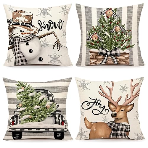 4TH Emotion Christmas Pillow Covers 18x18 Set of 4 Farmhouse