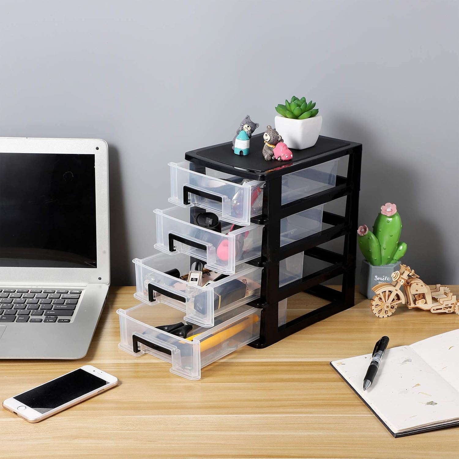 VOSAREA 4 Drawer Desktop Storage Organizer,Plastic Containers Storage Organizer Dresser Organizer Home Dresser (Black and Transparent)