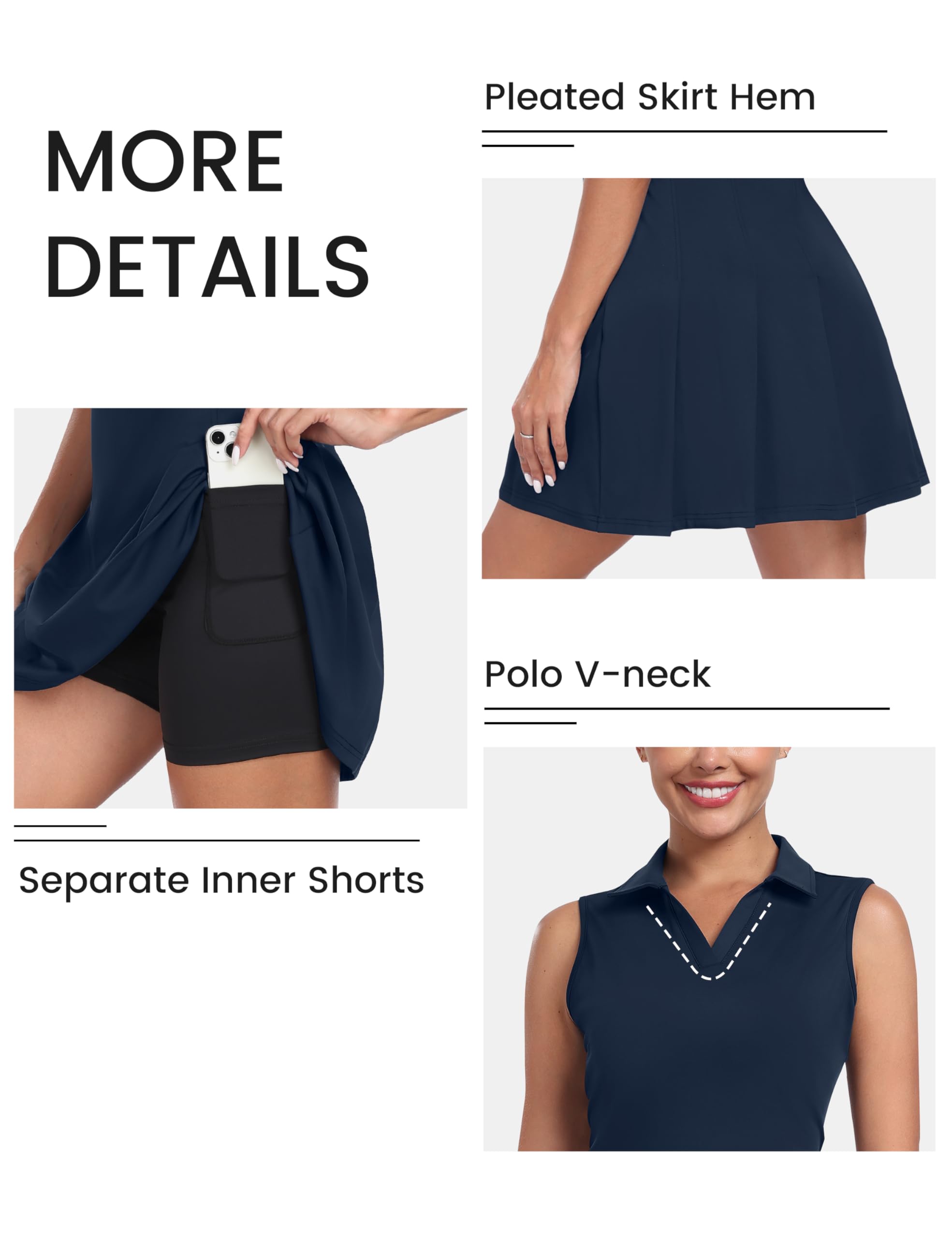 MoFiz Tenniskleid mit Hose Damen Ärmellos V-Ausschnitt Sommer Golf Sportkleider Freizeitkleider Polokleid mit Reißverschlusstaschen