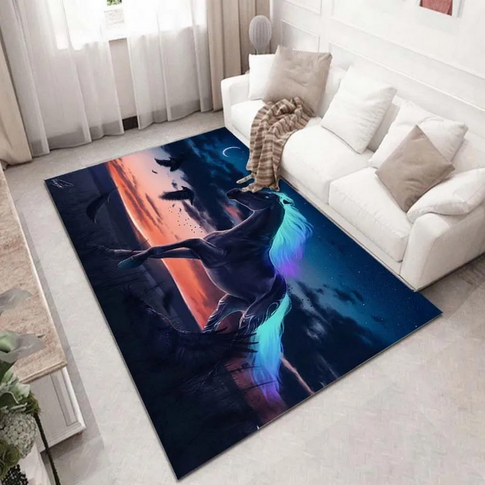 Tapis de salon anti-glisse et doux pour chambre modèle cheval 3D 120x160