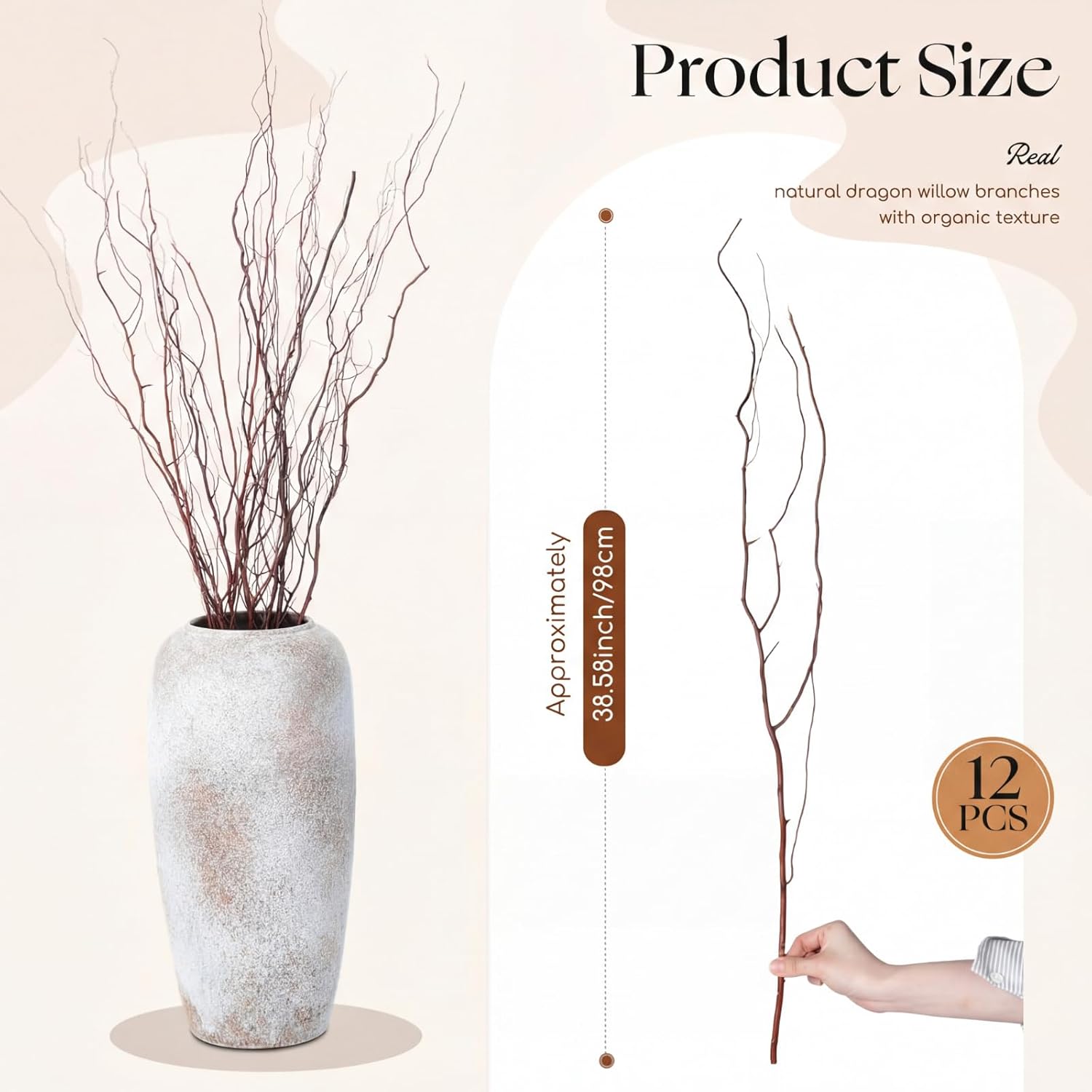 12 Pcs Real Dried Willow Branches 38 Inches Natural Curly Willow Twigs for Decorative Large Floor Vases Crafts DIY Floral Arrangements Centerpiece Rustic Wedding Garden Home Decor