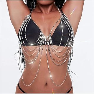 فستريند سلسلة صدر لامعة بطبقات من الكريستال، سلاسل للجسم بيكيني مرصعة باحجار الراين وشراشيب للحفلات الليلية والشاطئ وحمالة الصدر للنساء والفتيات (فضي)