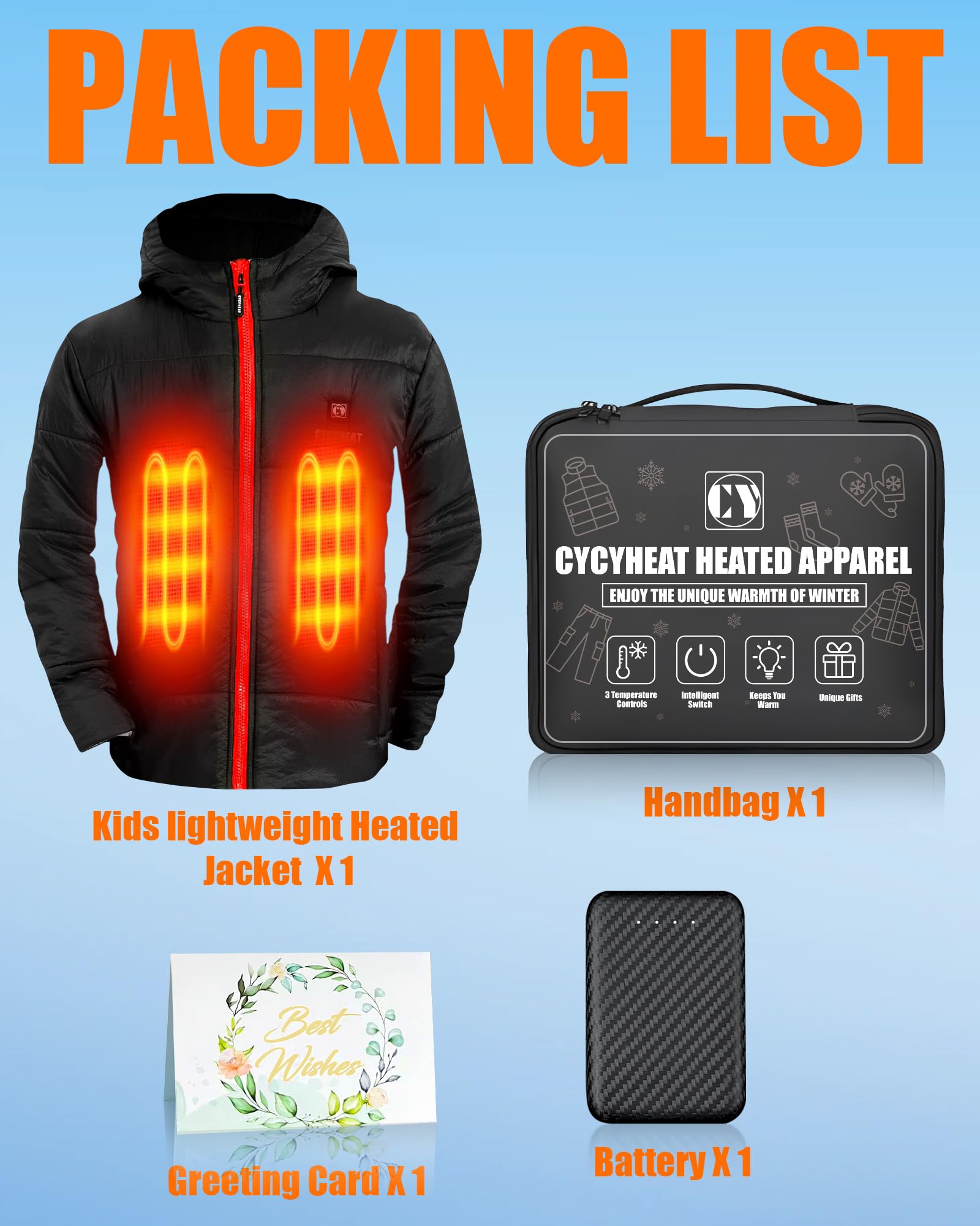 CYCYHEAT Chaqueta térmica para niños y niñas, chaqueta térmica con capucha, calentador de cuerpo con batería, ropa térmica para esquí