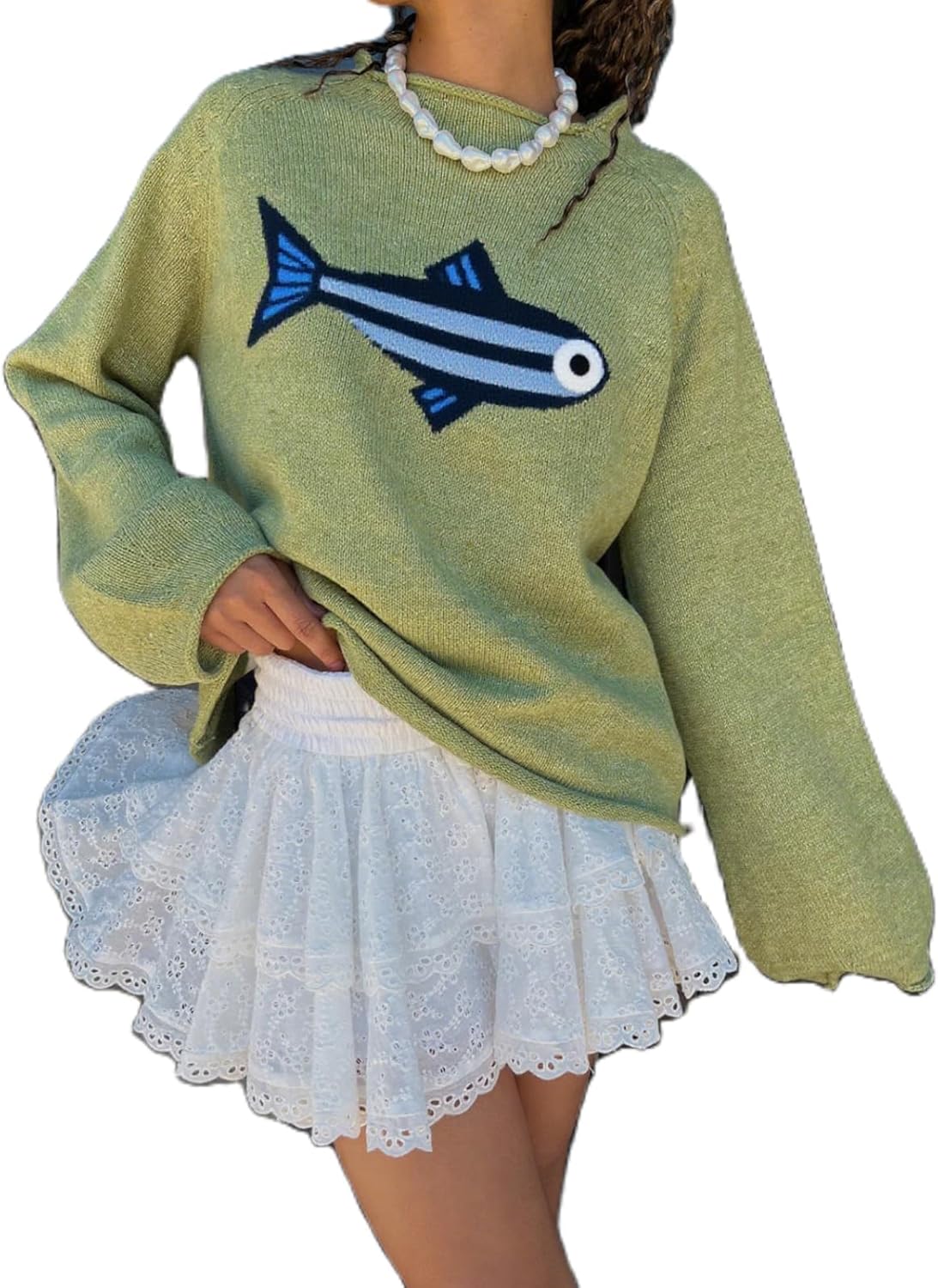 Women Fashion Rib Knit Fish Graphic Oversized Sweater Y2k Vintage Crew Neck Loose Fit Knitted Pullover Sweaters