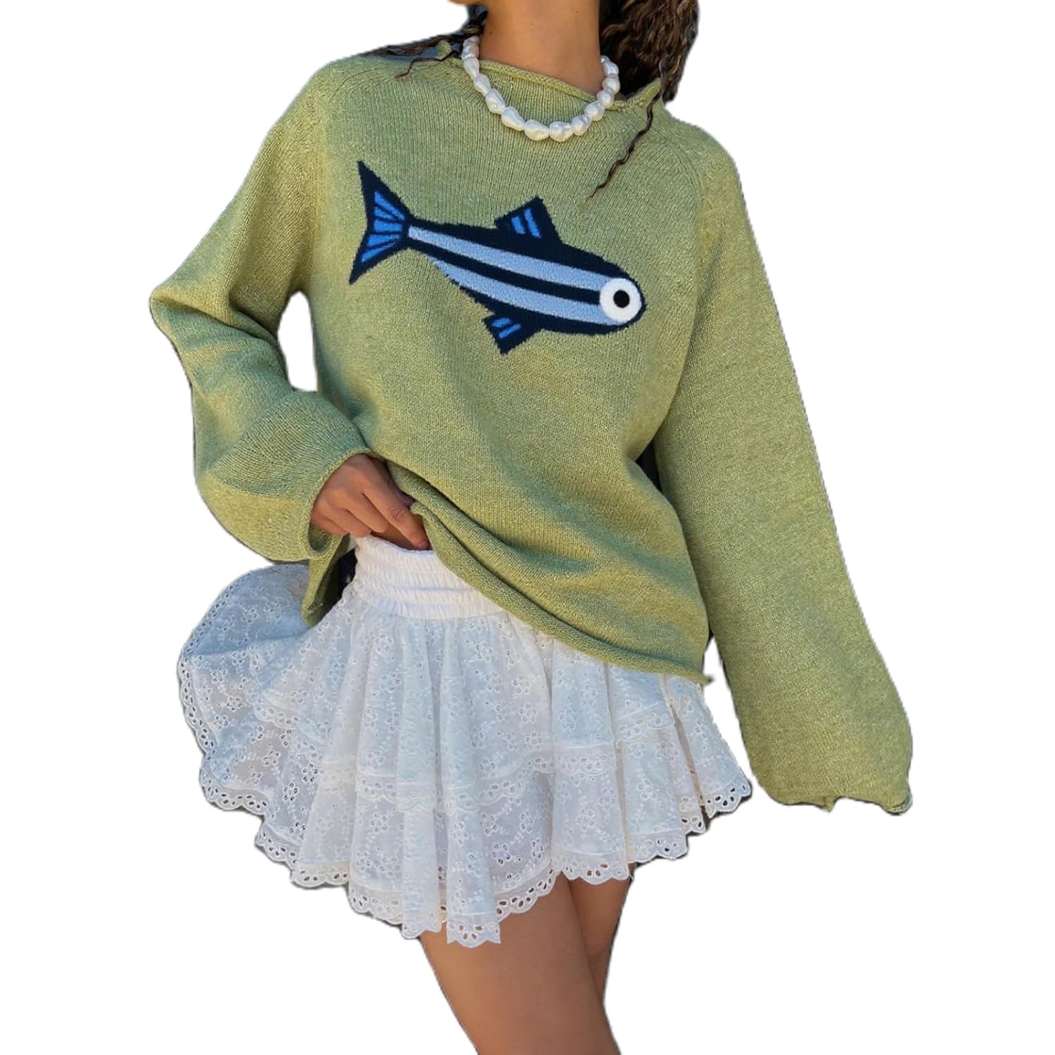 Women Fashion Rib Knit Fish Graphic Oversized Sweater Y2k Vintage Crew Neck Loose Fit Knitted Pullover Sweaters