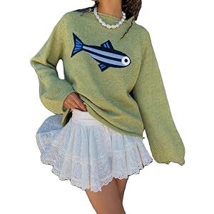 Women Fashion Rib Knit Fish Graphic Oversized Sweater Y2k Vintage Crew Neck Loose Fit Knitted Pullover Sweaters